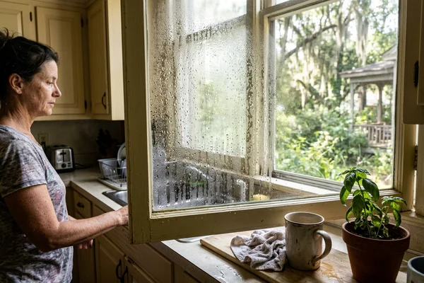 Condensation on interior windows during a humid Alabama morning