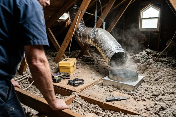 A disconnected flex duct run leaking conditioned air into an attic