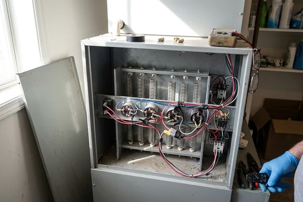 Electric auxiliary heat strips inside an open air handler cabinet