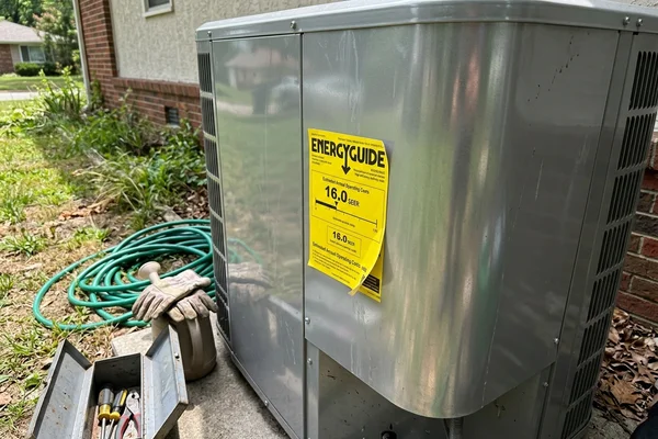 Efficiency rating label on a new high-efficiency condenser