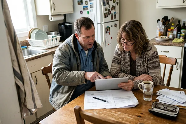 Homeowner reviewing a written AC replacement quote with a contractor