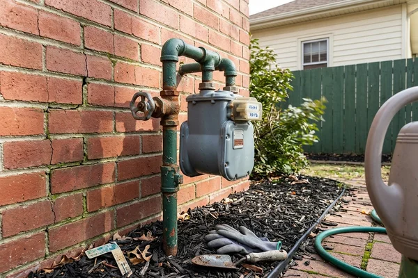 A residential gas meter and shutoff valve on a home's exterior