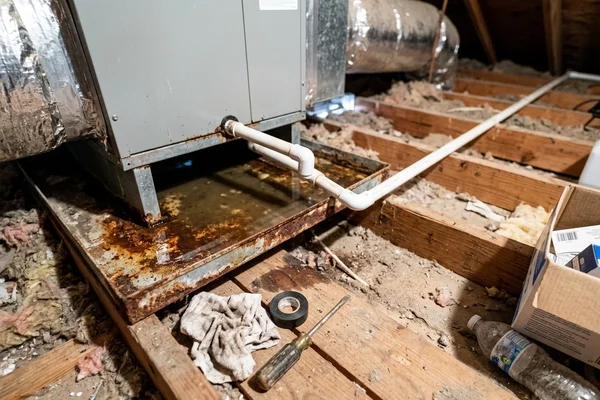 Standing water in a condensate pan under an attic air handler