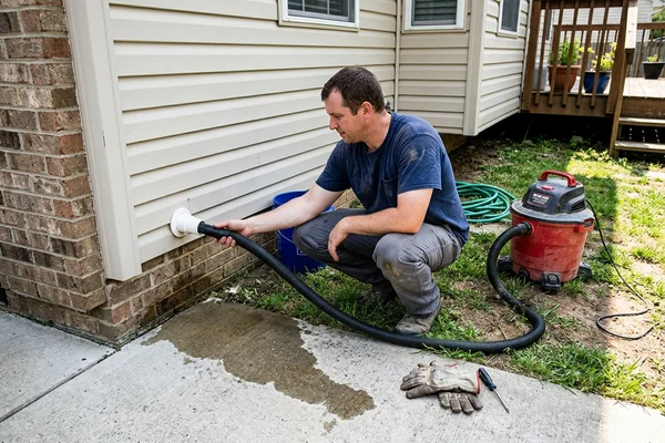 Clearing a condensate drain line at the exterior cleanout