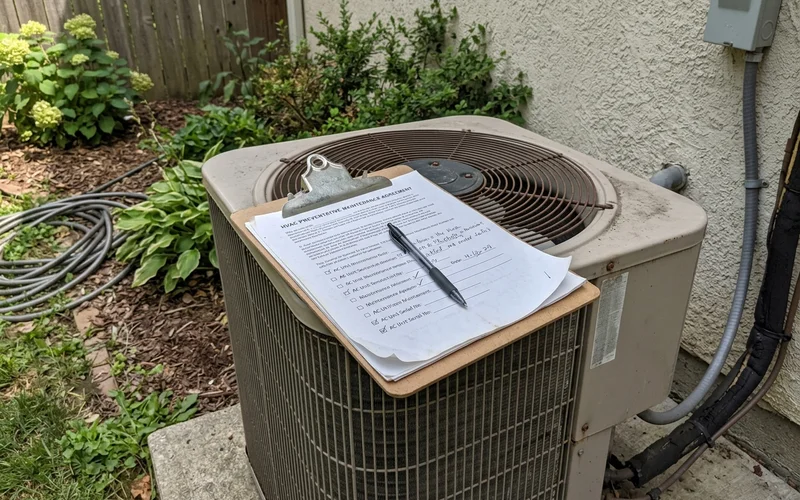 A maintenance-plan document on a clipboard beside an AC unit