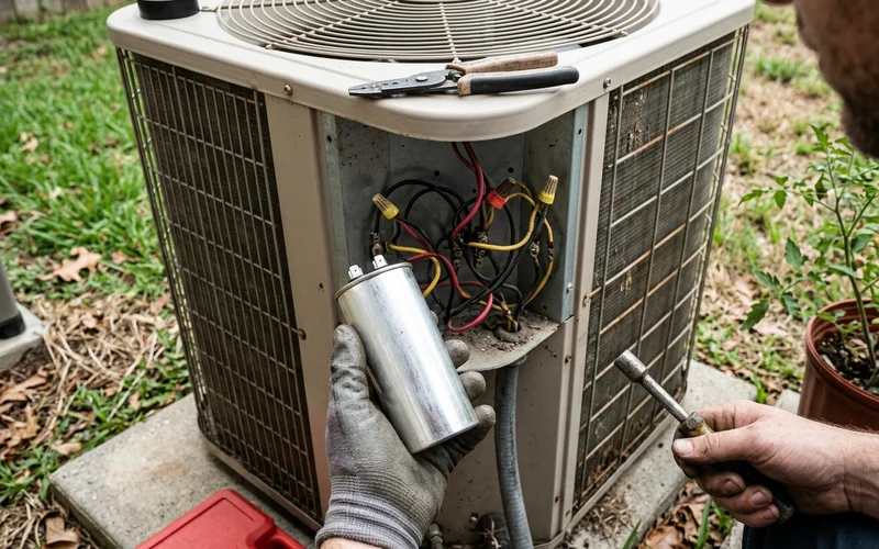 A replacement run capacitor held beside an open AC access panel