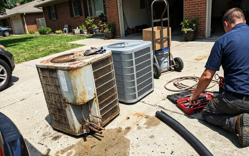 An old condenser beside a new replacement unit during a changeout