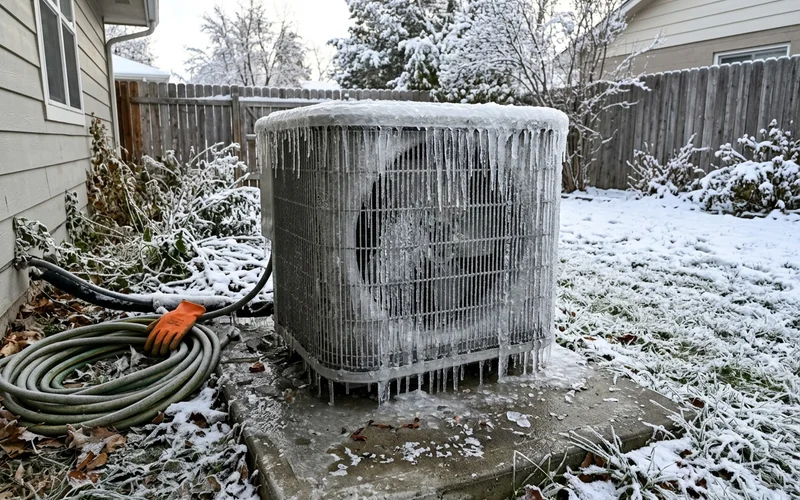 A heat pump encased in thick ice after a defrost failure