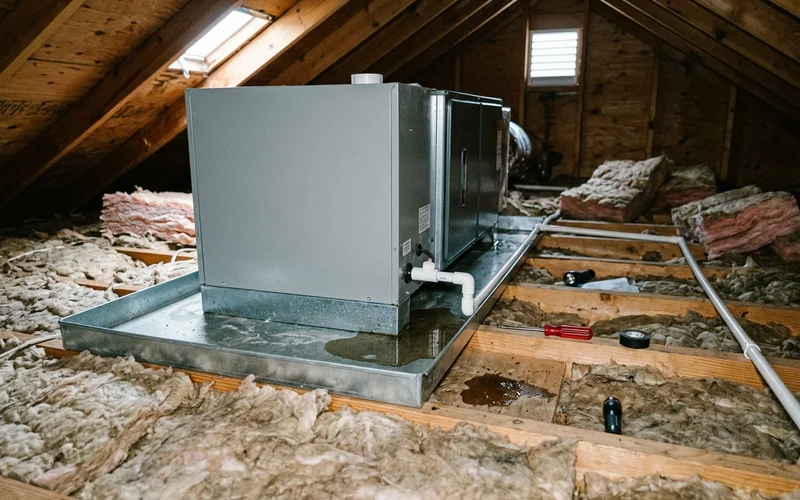 Attic air handler with standing water in the secondary drain pan and PVC condensate line
