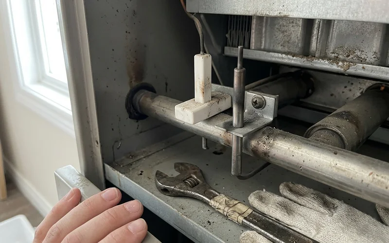 Hot surface igniter and flame sensor beside furnace burners