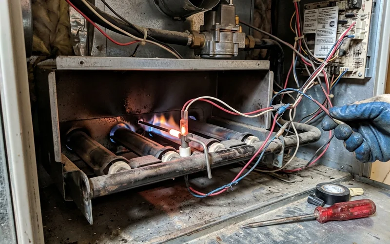 Hot surface igniter and flame sensor inside a gas furnace burner compartment
