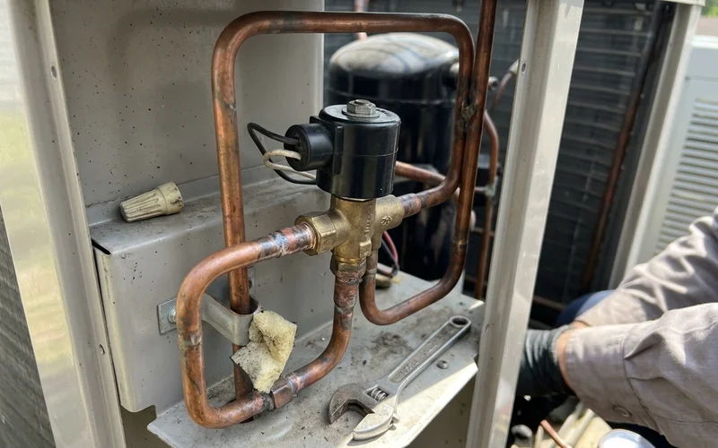 Reversing valve and solenoid coil inside an outdoor heat pump cabinet