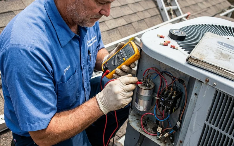 Technician testing an AC run capacitor with a multimeter inside the unit's access panel