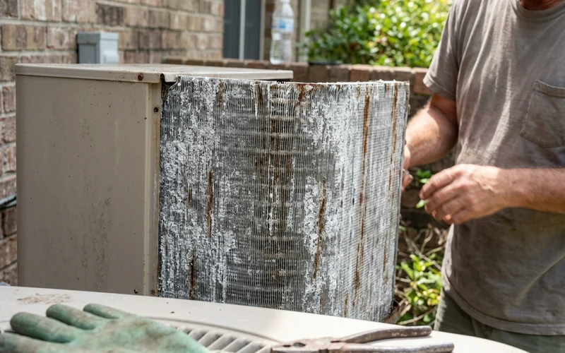 Corroded condenser coil fins on a coastal AC unit