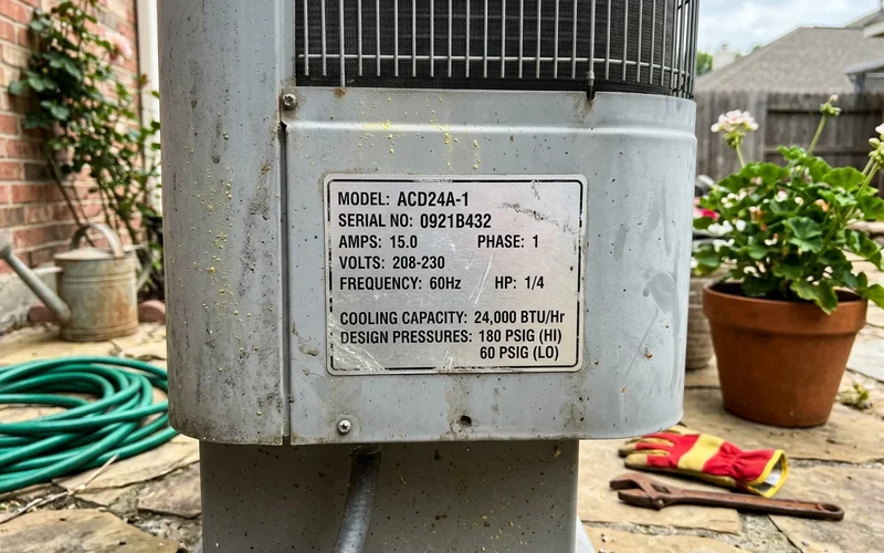 Data plate on an outdoor unit showing model and capacity information