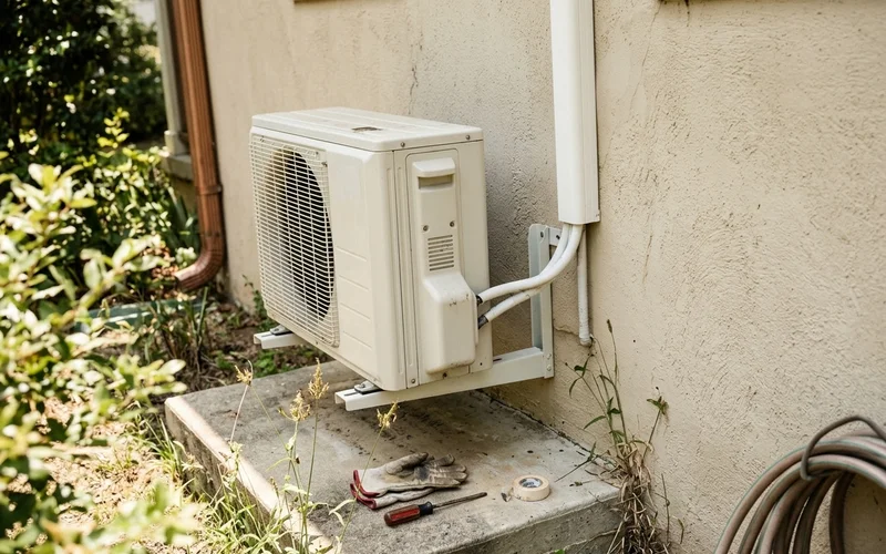 Outdoor mini-split condenser beside an older Alabama home