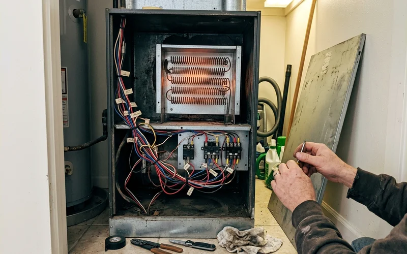 Electric heat strips inside an air handler cabinet