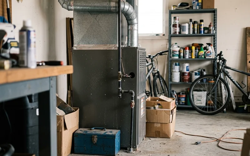 A gas furnace installed in a home garage