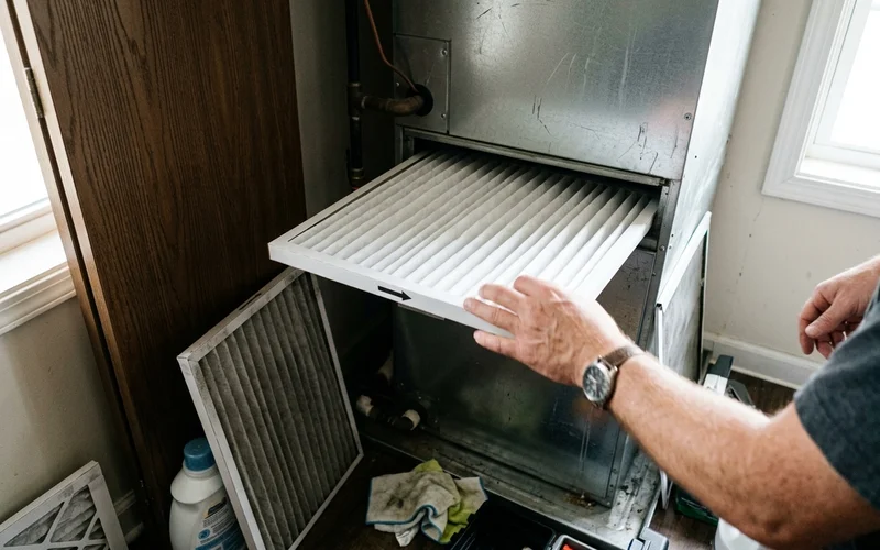 Sliding a new filter into a home HVAC return slot