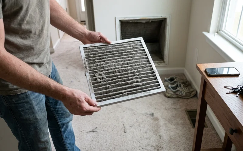 A heavily soiled pleated filter pulled from a return grille
