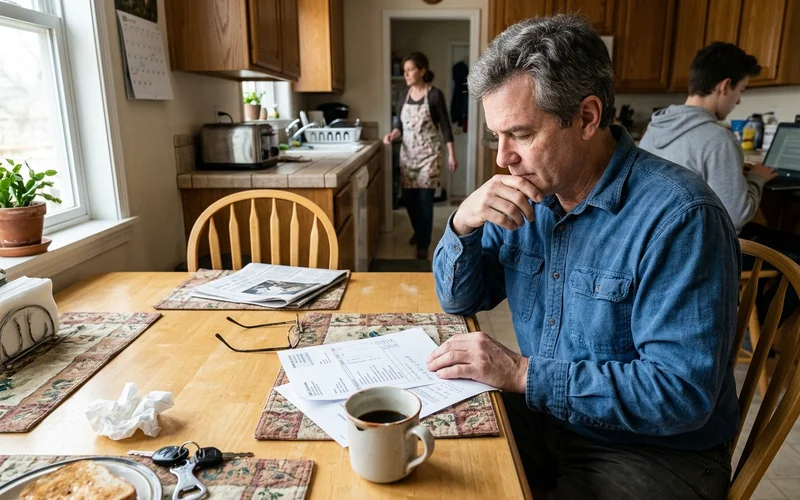 Homeowner reviewing a printed AC repair estimate at a kitchen table