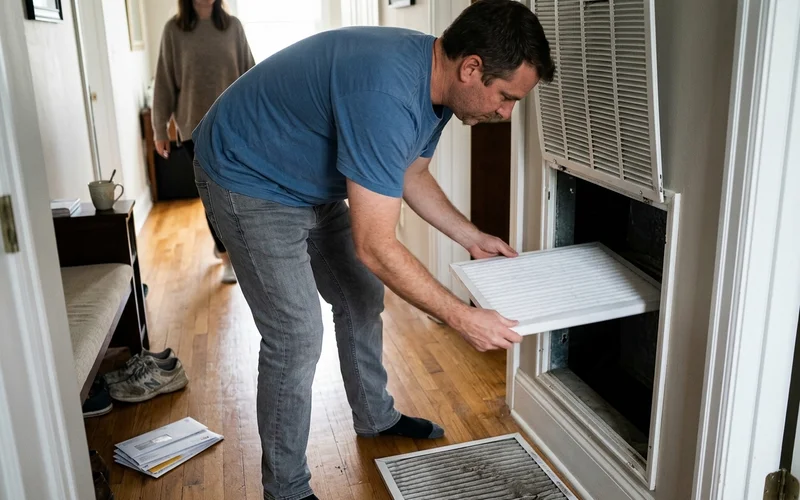 Homeowner replacing an air filter in a hallway return vent
