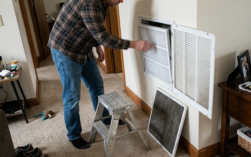 Homeowner replacing a hallway return filter before heating season