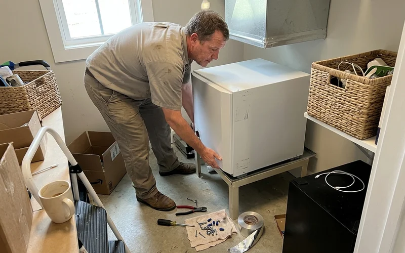 Installer setting a new air handler into a utility closet during a system replacement