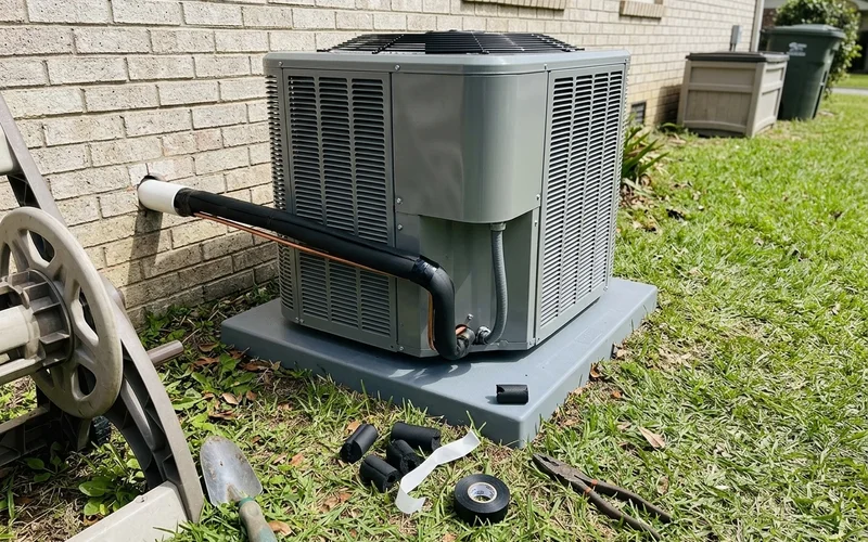 New high-efficiency condenser installed beside an Alabama home