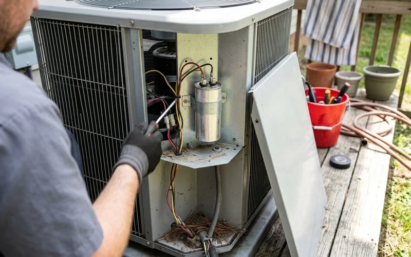 Open access panel showing an outdoor unit's fan motor and run capacitor