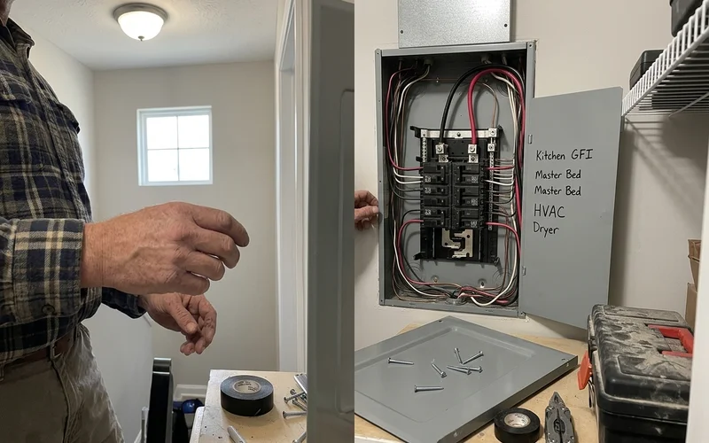 Residential breaker panel with the HVAC breaker in the tripped position