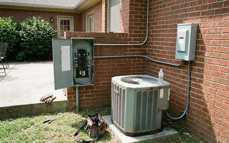 Outdoor AC condenser beside a house with the electrical disconnect and breaker panel nearby