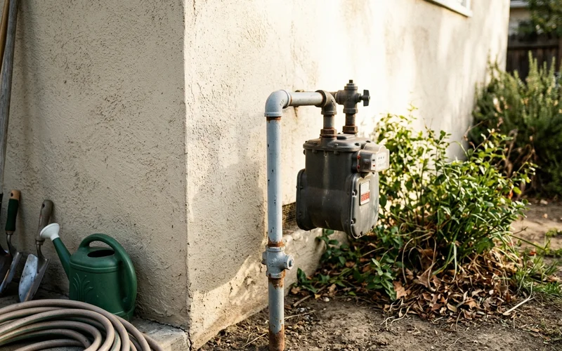 Residential gas meter and shutoff valve on a home exterior