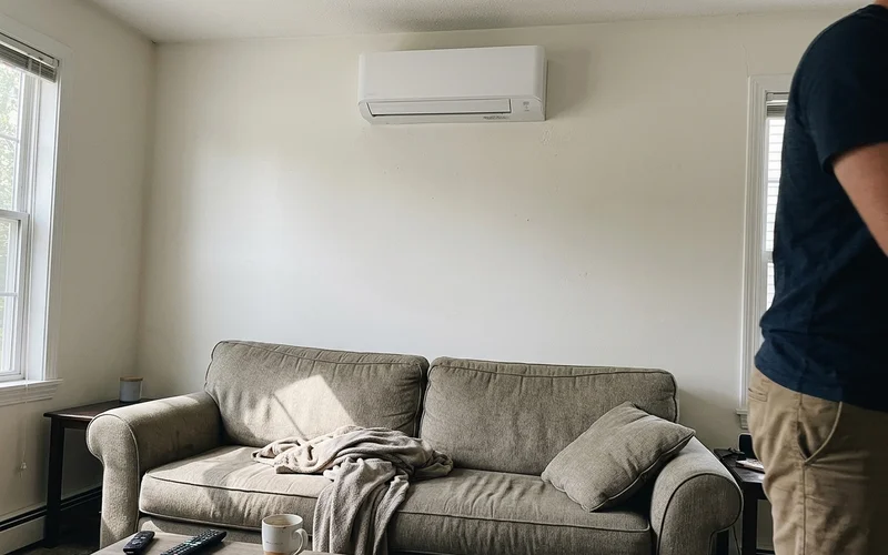 Wall-mounted mini-split head above a couch in a living room