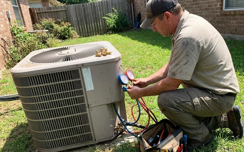 Technician connecting gauges to an existing R-410A system during a service call