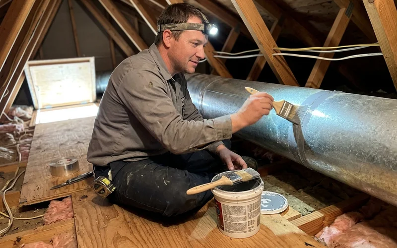 Technician sealing a duct connection with mastic in an attic