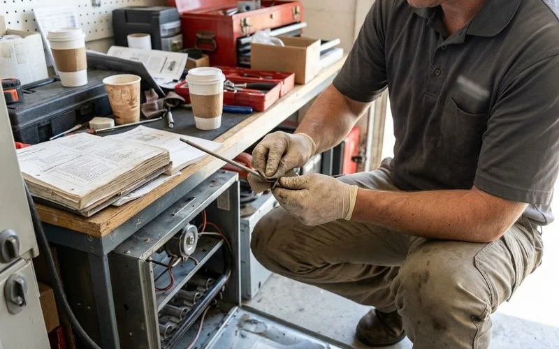 Technician cleaning a furnace flame sensor