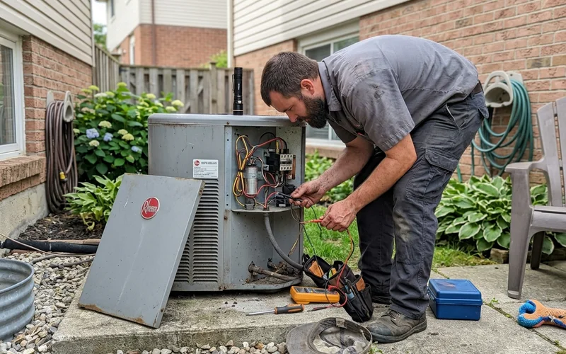 Technician inspecting an AC unit for a second-opinion diagnosis