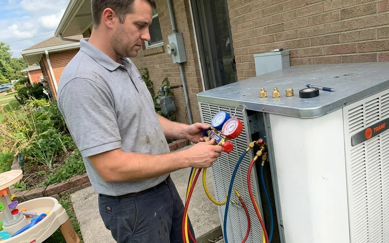 Technician checking refrigerant pressures with manifold gauges during a maintenance visit