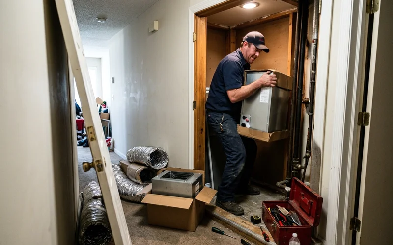 Technician setting a new air handler into a closet during replacement
