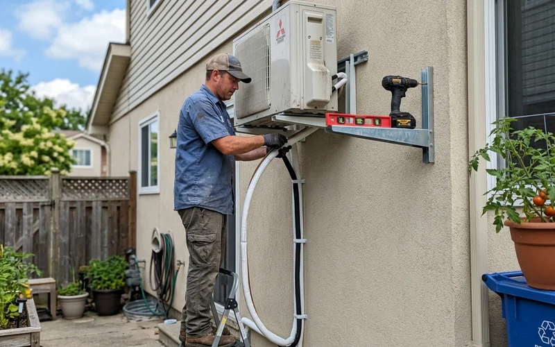 Technician mounting an outdoor mini-split condenser and routing the line set
