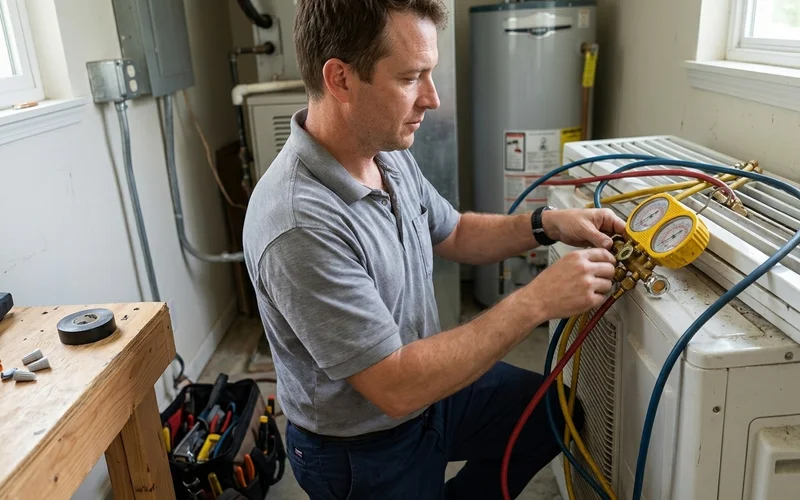 Technician checking refrigerant pressure gauges during maintenance