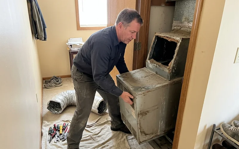 Technician removing an old air handler during a system replacement