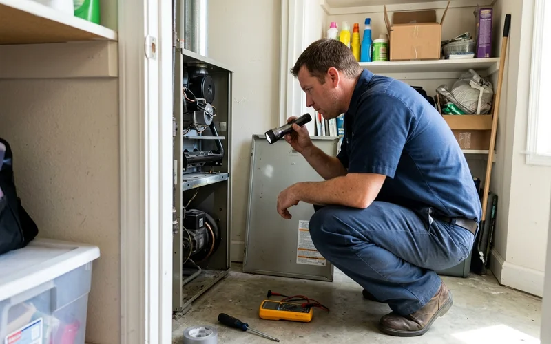 Technician checking a gas furnace burner compartment during a fall service visit