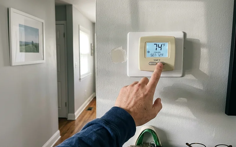 Wall thermostat showing the system cycling on again