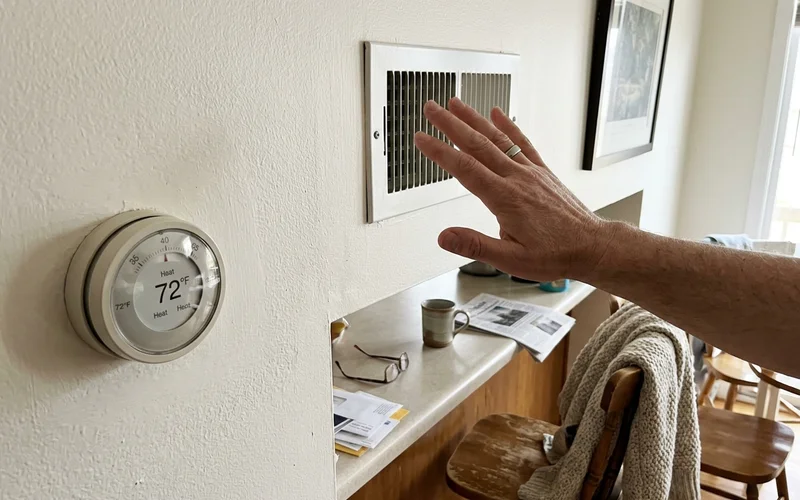 Thermostat set to heat while cool air comes from the vent