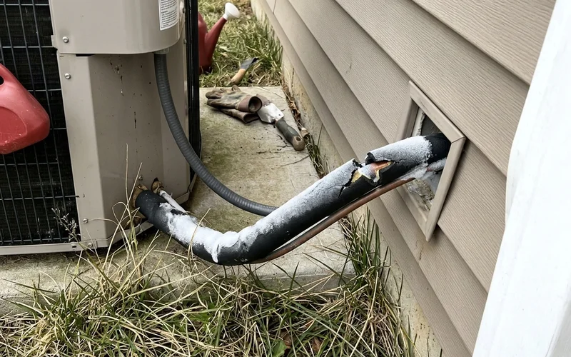 Frost coating the copper refrigerant line at the outdoor unit