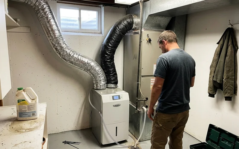 Whole-home dehumidifier ducted alongside an air handler