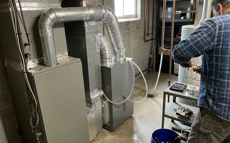 Whole-home dehumidifier ducted beside an air handler