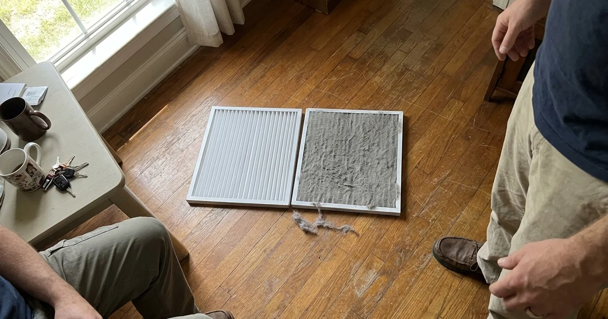 A clean pleated air filter next to a dirty used one